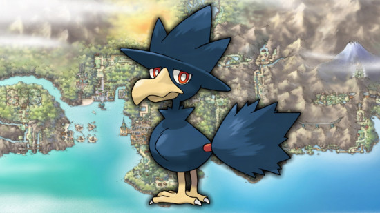Murkrow evolution - Murkrow in front of a map of Johto