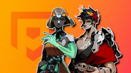 Top down games: Melinoe and Zagreus each outlined separately in white and pasted on a bright orange PT background