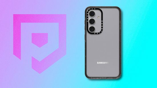 Best Samsung S24 cases: A clear Casetify case with a black outline on a slate grey Samsung S24, pasted with a drop shadow on a pink to blue gradient PT background