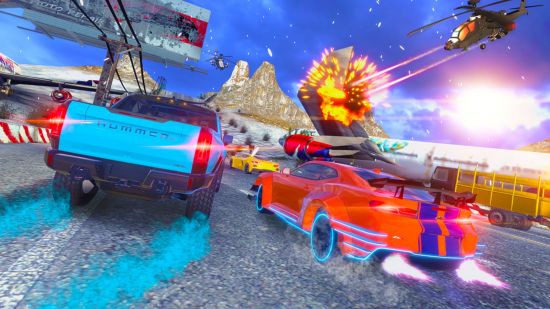 Screenshot of Cruis'n Blast with two cars racing past a helicopter for best car games guide