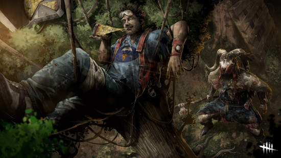 Dead by Daylight character Dwight eating pizza in a tree
