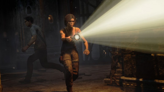 Dead by Daylight character Lara croft running with a flash light