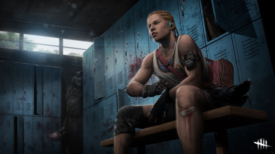 Dead by Daylight character Meg sat on a bench in front of some lockers