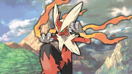 Fire Pokemon Weakness - Blaziken in its mega form posing in front of a volcano