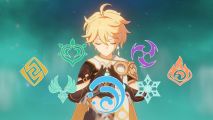 Genshin Impact elements: Aether in the artifact menu prayer pose, surrounded by floating symbols of each element outlined in white