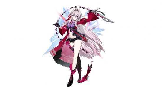 Honkai Impact characters - Thelema holding a whip above her head against a white background
