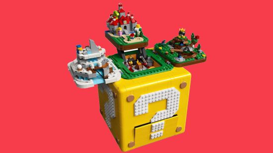 Custom image of the Mario Lego fold-out block set on a red background