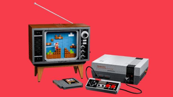 Custom image of the NES Lego Mario set on a red background