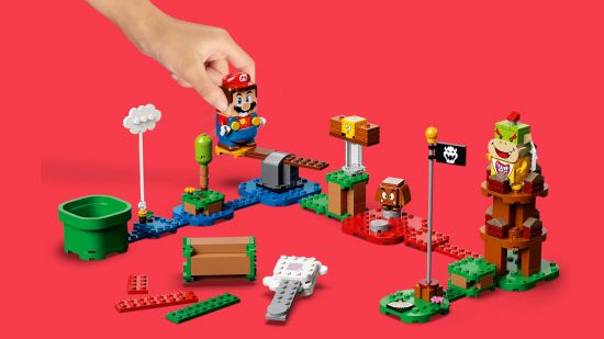Custom image of the Mario Lego starter course on a red background