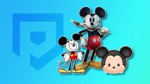 Mickey Mouse games: Epic Mickey, Illusion Island Mickey, and Tsum Tsum Mickey all gathered together and outlined in white, pasted on a light blue PT background