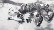 Nier Automata anime: An official promotional graphic of 2B laying on the ground in black and white, promoting the second anime season