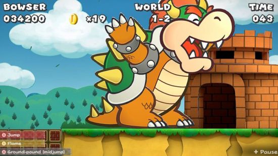 Screenshot for Paper Mario: The Thousand-Year Door review showing a Bowser intermission level