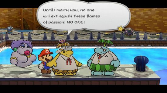 Screenshot for Paper Mario: The Thousand-Year Door review with Mario talking to a couple by the sea