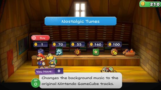 Screenshot for Paper Mario: The Thousand-Year Door review showing the Nostalgic Tunes badge in a shop
