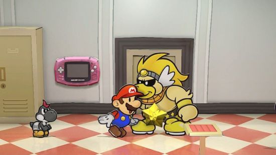 Screenshot for Paper Mario: The Thousand-Year Door review with Mario looking at the third star on the adventure on the belt of a boss