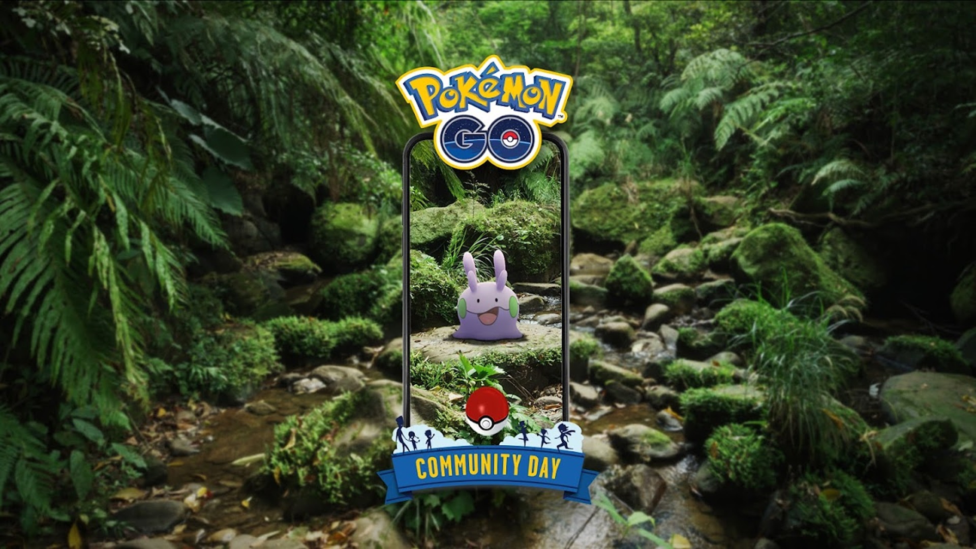 Pokemon Go Community day image featuring Goomy sitting in a forest