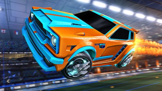 Screenshot of a blue and orange Fennec for best Rocket League cars guide