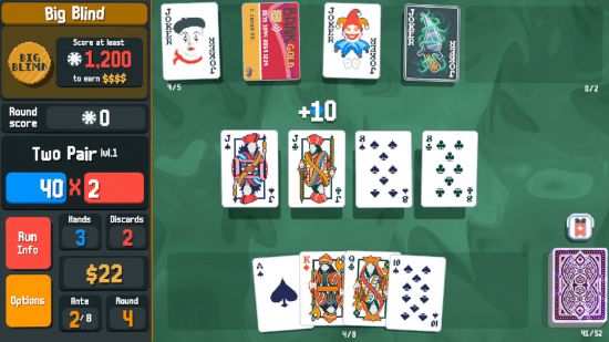 Screenshot of playing a hand in Balatro for best single player games guide