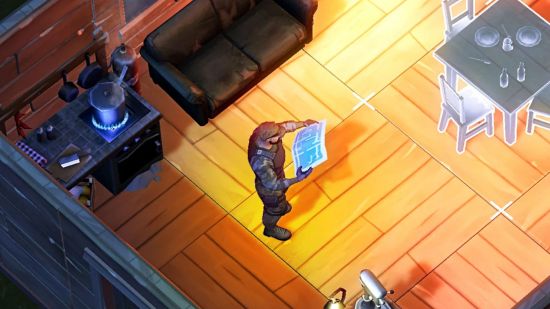 Screenshot of a character looking at blueprints in Last Day on Earth: Survival for best survival games guide