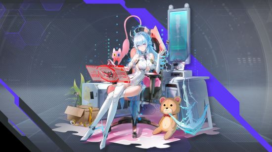 Splash art showing one of the Tower of Fantasy characters, Roslyn, sitting in front of a high tech computer screen with a teddy bear sitting next to her