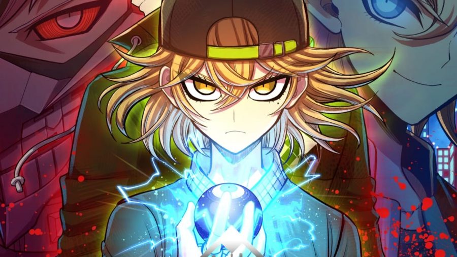 Tribe Nine promotional art showing a blond character wearing a baseball cap and holding a blue, glowing ball