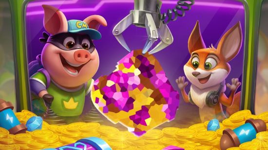 Coin Master review - the pig and fox winning a gem from a claw machine