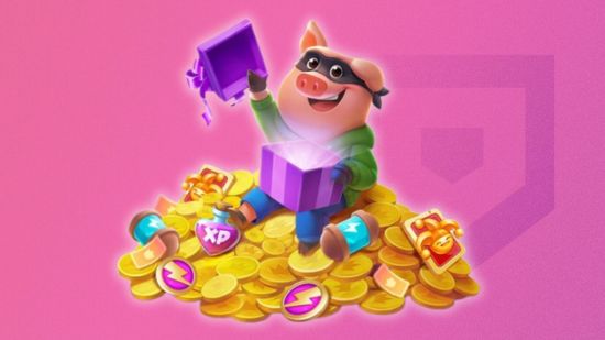 Coin Master review - a custom picture of the Coin Master pig sitting on top of a pile of gold and opening a gift box in front of a pink background