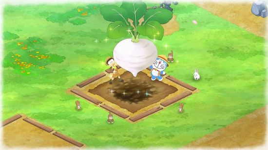 Harvest Moon games - Doraemon Story of Seasons - two characters holding a gigantic turnip