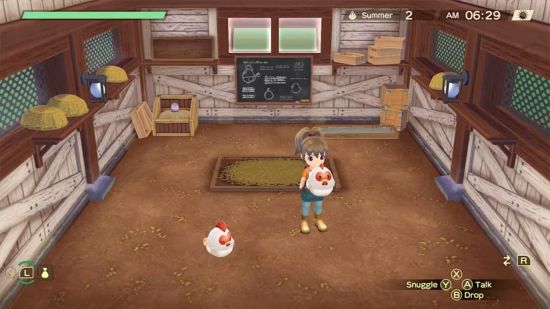 Harvest Moon games - Story of Seasons A Wonderful Life - a farmer in a barn holding a chicken