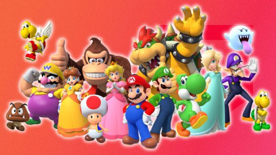 A group of Mario characters on a red background