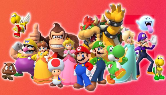 A group of Mario characters on a red background