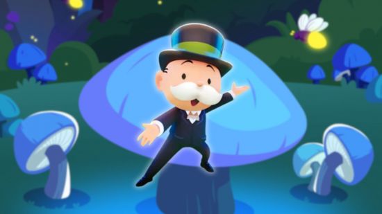 Monopoly Go Habitat Heroes - the Monopoly Man on a blue mushroom