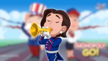 Monopoly Go Patriotic Parade - a woman in uniform playing a trumpet