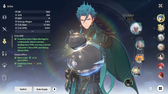 The Wuthering Waves echo menu screen showing five equipped echoes