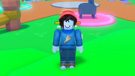 Anime Realms Simulator codes - An avatar in a red beanie and blue pizza jumper stood on grass in front of a clay pathway