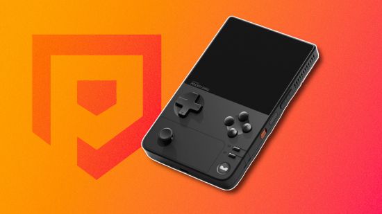 Ayaneo Pocket DMG release date: The black render of the Pocket DMG outlined in white and pasted on a bright orange PT background