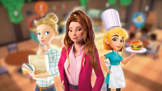 Barbie games: Three female characters from various My Universe games (Fashion Boutique, Interior Designer, and Cooking Star) outlined lightly in white and pasted on a blurred gameplay screenshot