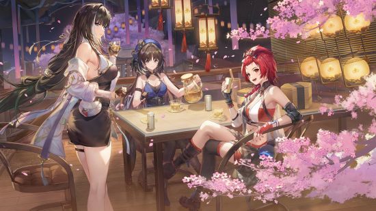 Best Android games - Three Wuthering Waves characters having a drink next to a cherry blossom tree