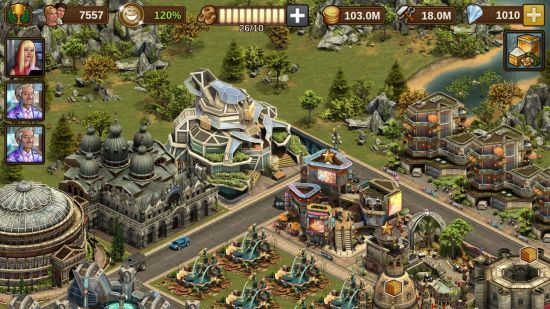Best browser games: Forge of Empires. Image shows an isometric view of a civilisation amidst some grass. There are cars and futuristic buildings.