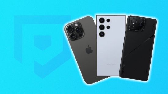 best gaming phones - an iphone 15, samsung galaxy s24 ultra, and asus rog phone 8 pro in front of a light blue PT background