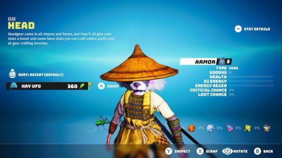 Biomutant Switch review: A character equipment screenshot showing off the orientalist 'hay UFO' label for a rice patty hat