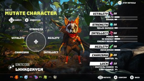 Biomutant Switch review: A screenshot of the character's stats