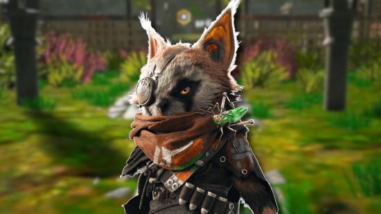 Biomutant Switch review: The raccoon-like main character and his robot cricket outlined in white and pasted on a blurred game screenshot