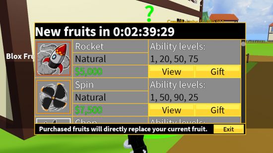 Capture d'écran du menu du revendeur Blox Fruits pour la liste des niveaux Blox Fruits