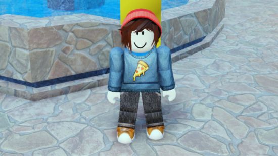 Card RNG codes - an avatar in a blue pizza jumper and red beanie stood in concrete in front of a water fountain