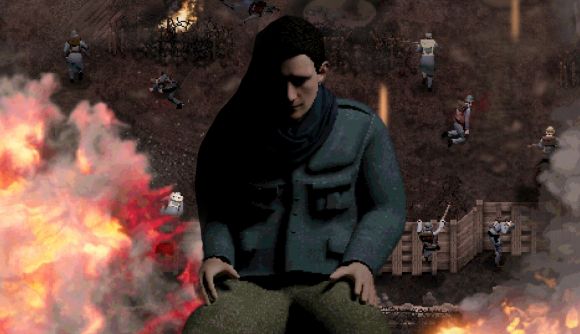 Conscript release date - a man sat with a shadow cast over him while a war rages on in the background