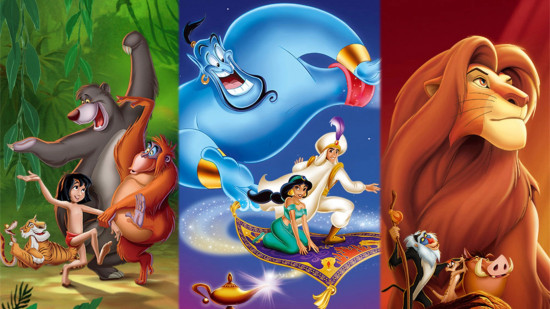 Image for best Disney games guide with art from Aladdin, The Lion King, and The Jungle Book, the three parts of the classic collection