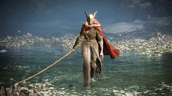 Elden Ring Switch - Melania walking towards you through water while holding her sword