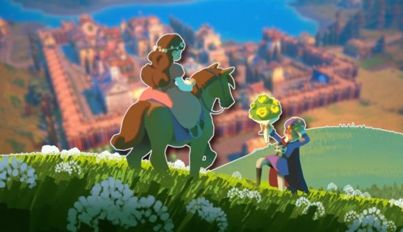 Fabledom guide: Art of a horseriding princess being presented a bouquet by a prince on one knee on a grassy hill. This is outlined in white and pasted on a blurred game screenshot