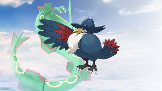 The flying Pokemon Honchkrow in front of a picture of Rayquaza in the sky